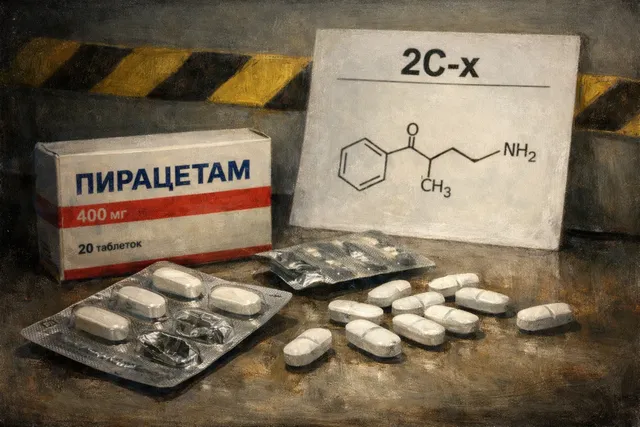 Таблетки пирацетама и схема молекулы 2C-x на столе, символический акцент на взаимодействии
