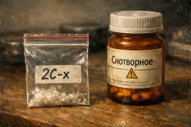 Таблетки 2C-x рядом с флаконом снотворного и знаком предупреждения