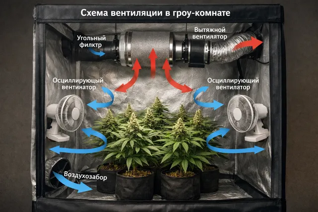 Поток воздуха в гроу-комнате: схема вентиляции