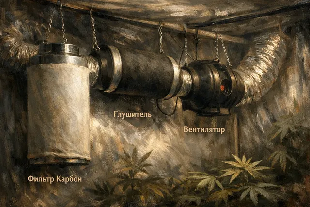 Система вентиляции в гроубоксе с вентиляторами, угольным фильтром и глушителем