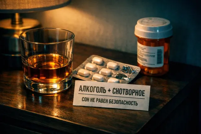 Стакан алкоголя и блистер снотворного на тумбочке рядом с кроватью