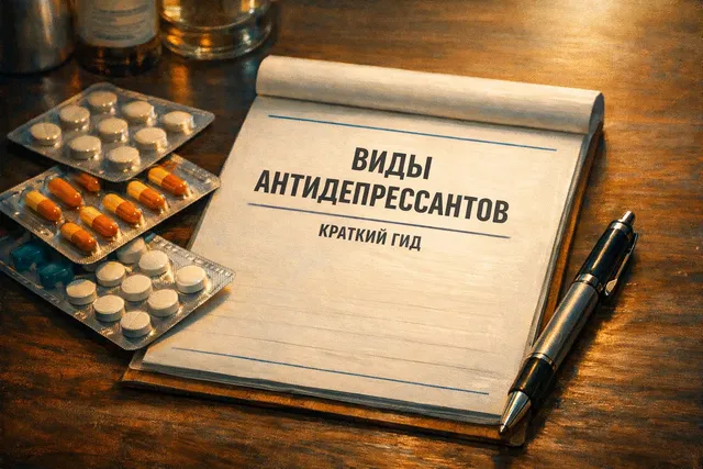Таблетки и блистер на столе рядом с блокнотом, подпись по-русски о видах антидепрессантов