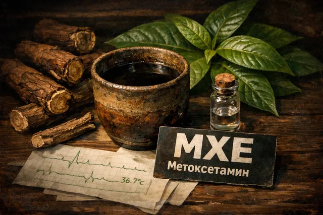 Чаша аяхуаски и символ MXE на фоне нейросети - визуальная метафора опасного сочетания