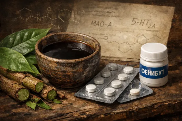 Чаша аяхуаски и блистер фенибута - визуальная метафора взаимодействия веществ