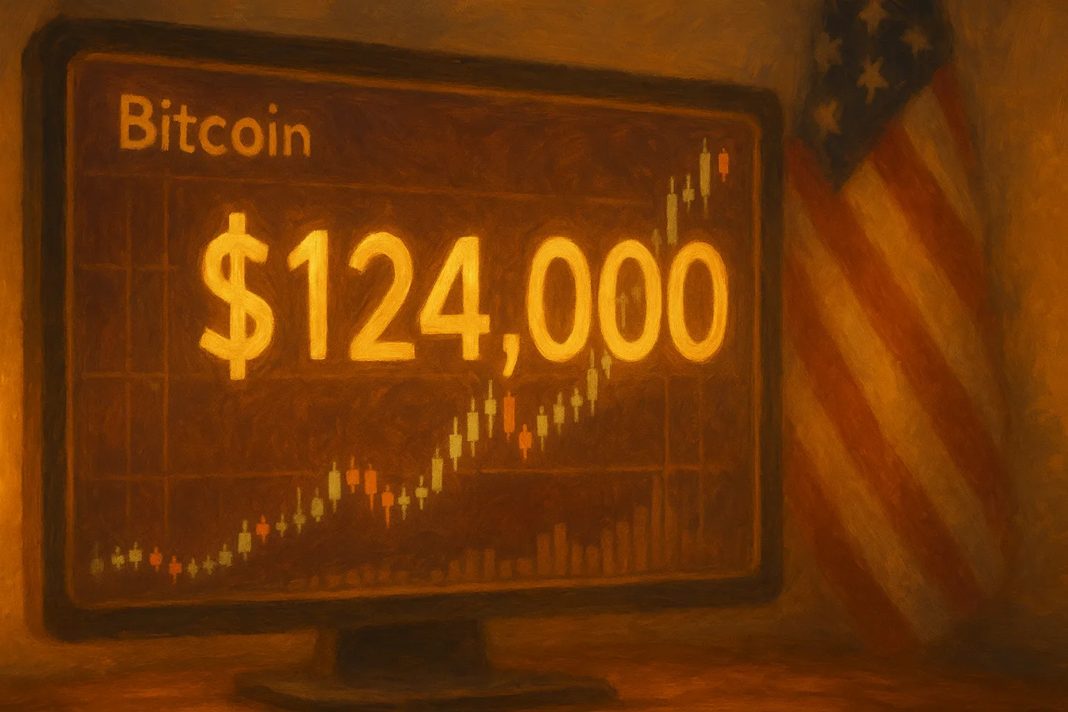 Свечной график биткоина и надпись $124 000 в масляной живописи