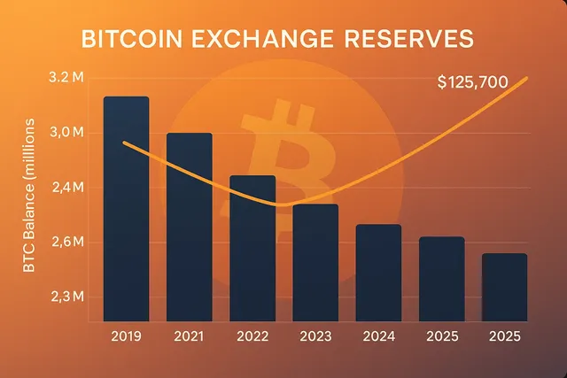 Динамика снижения резервов Bitcoin на биржах с 2019 по 2025 год
