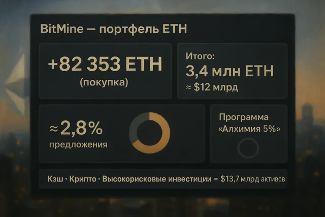 BitMine покупает 82 353 ETH и наращивает портфель до 3,4 млн