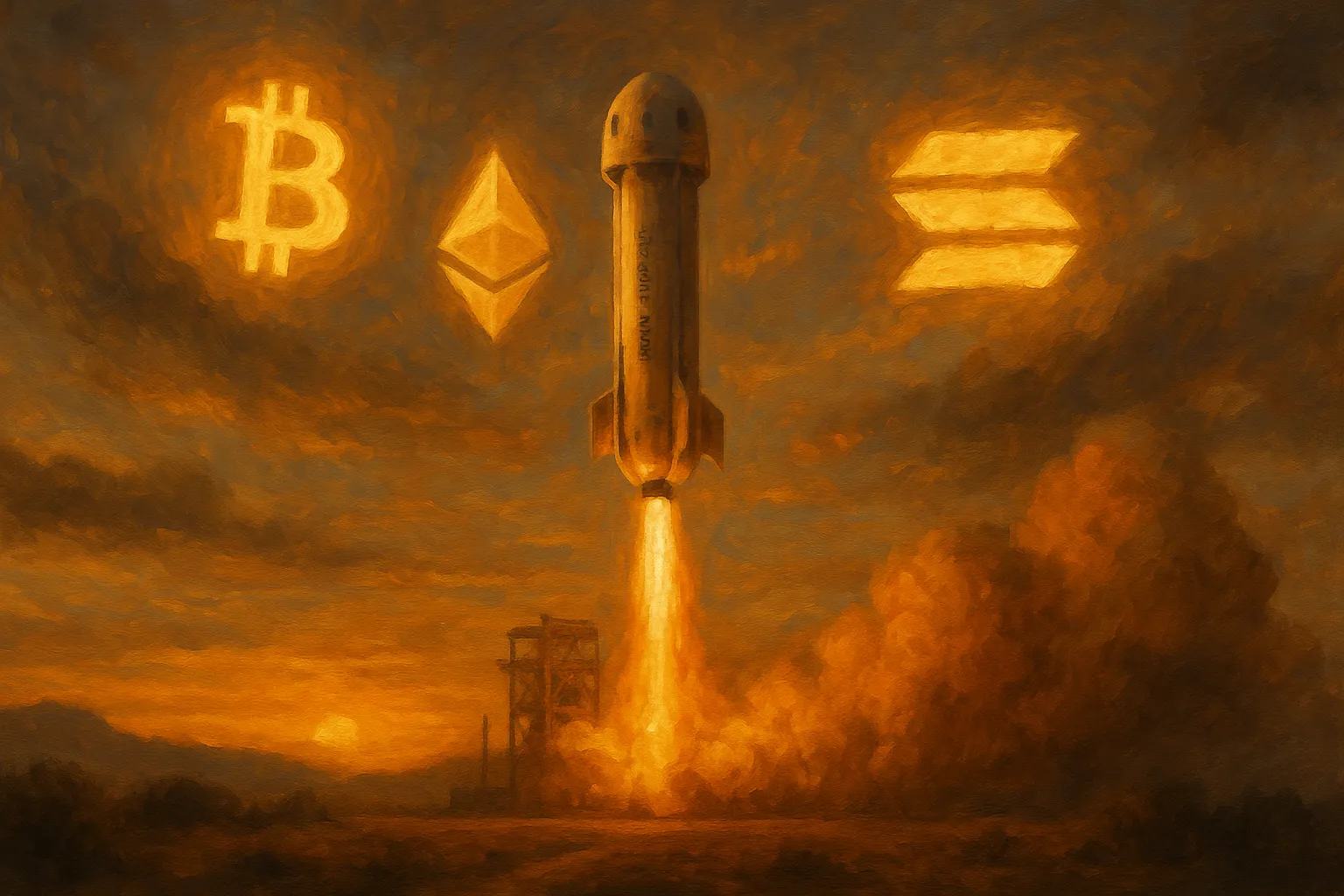 Ракета Blue Origin New Shepard на старте с символами BTC, ETH и SOL на фоне