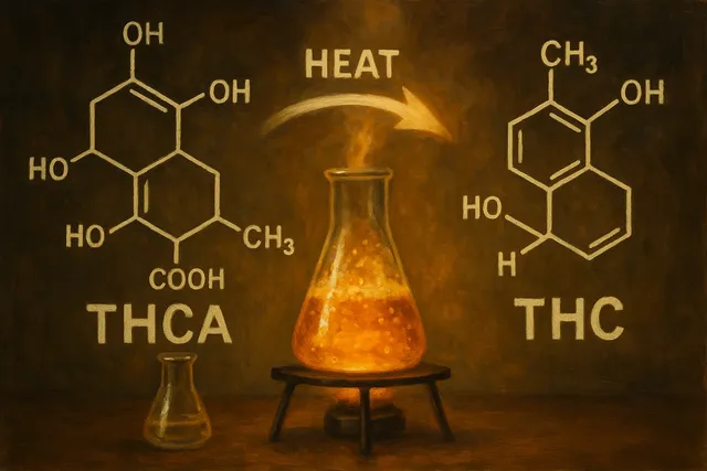 Иллюстрация процесса декарбоксилирования каннабиноидов под воздействием температуры