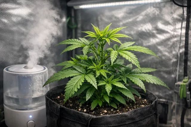 Куст каннабиса после стресса восстанавливается при мягком свете и увлажнении