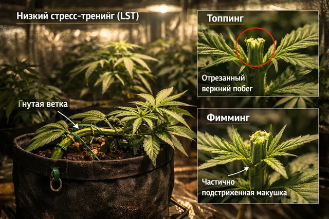 Тренировка кустов каннабиса LST topping fimming