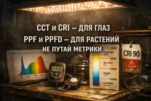 График спектра LED-фитосвета рядом с шкалой Кельвинов и значением CRI на фоне гроурума