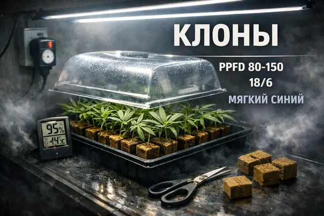 Лоток с клонами каннабиса под мягким LED-светом, купол для влажности, гигрометр и таймер на столе гроурума