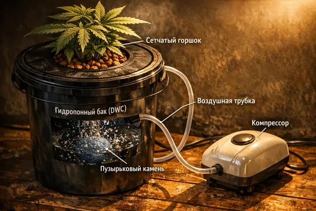 Оборудование для DWC-системы: ведро, крышка, камень и компрессор