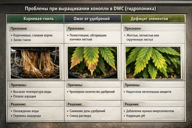 Проблемы при выращивании каннабиса в DWC: таблица симптомов и решений