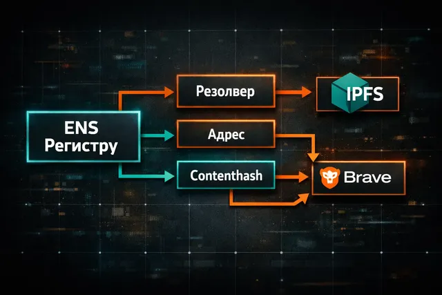 Схема как ENS-домен резолвится в адрес кошелька и IPFS-контент