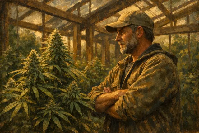 Гровер стоит на фоне теплицы с каннабисом, задумчиво смотрит на куст