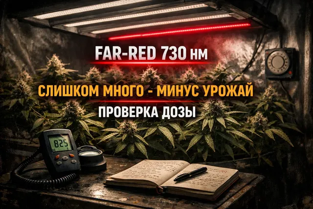 Гроутент с LED-панелью и отдельным Far-Red каналом, на столе PAR-метр и блокнот с пометками про 730 нм и урожайность