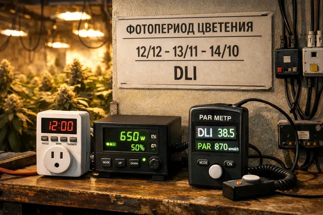 Таймер гроурума и схема режимов 12-12, 13-11 и 14-10 на фоне цветущей кроны и измерителя света