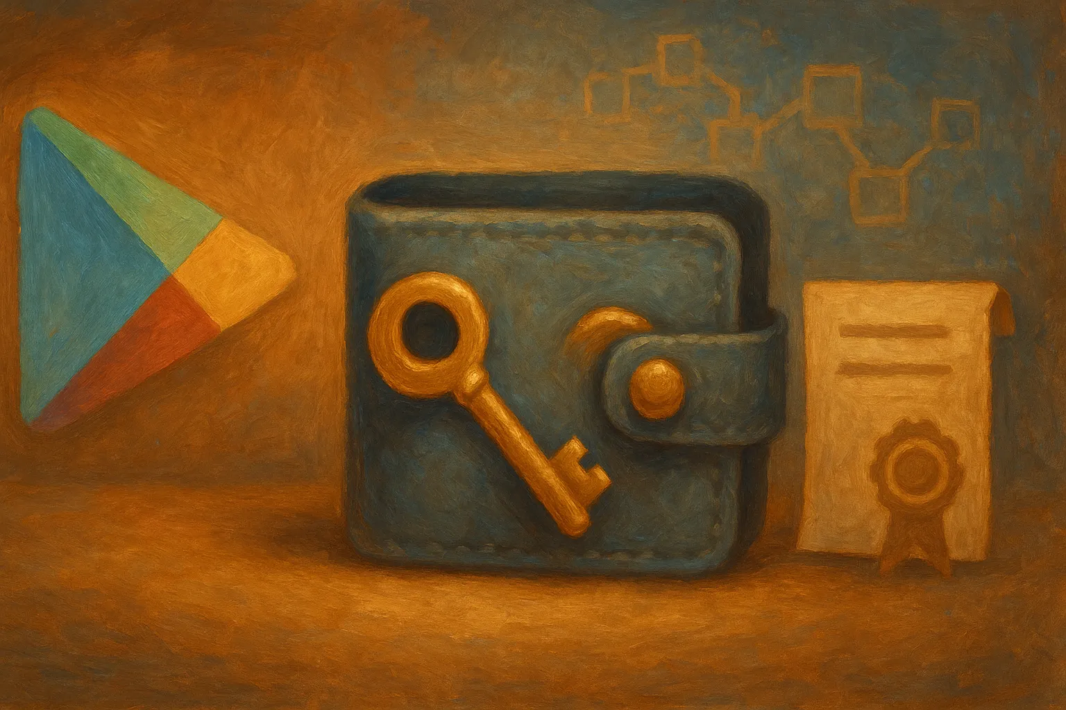 Логотип Google Play с криптокошельком и символом лицензии