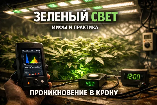 Зеленый свет в гроуруме - LED-панель, измерение спектра и подсветка нижнего яруса кроны для повышения равномерности