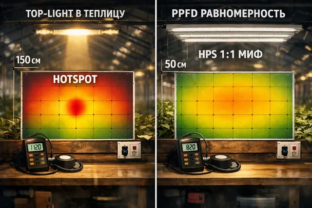 Сравнение тепличного top-light и комнатного LED - карта PPFD с горячим пятном и равномерной засветкой в индоре