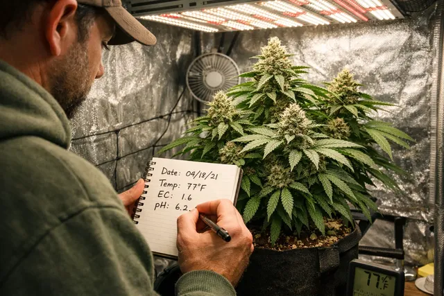 Рука гровера записывает данные о растении в блокнот рядом с кустом каннабиса