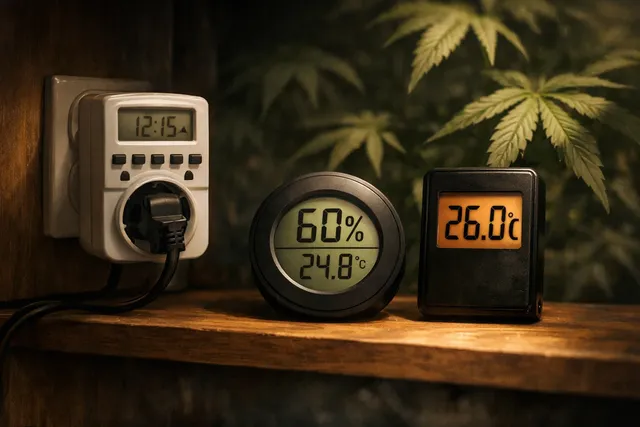 Измерительные приборы в гроубоксе: таймер, гигрометр и термометр