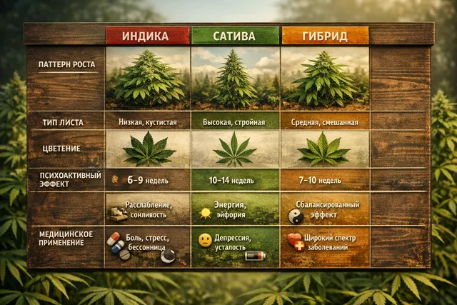 Таблица сравнения индики, сативы и гибрида