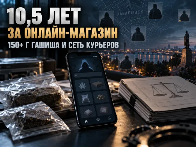Смартфон с интерфейсом интернет-магазина на фоне изъятого гашиша и материалов уголовного дела в Хабаровске