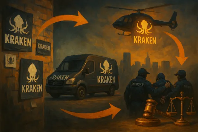 Инфографика: эволюция рекламы KRAKEN от листовок до вертолёта с логотипом.