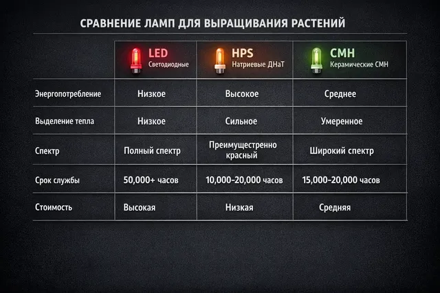 Сравнение LED, HPS и CMH ламп для гровинга