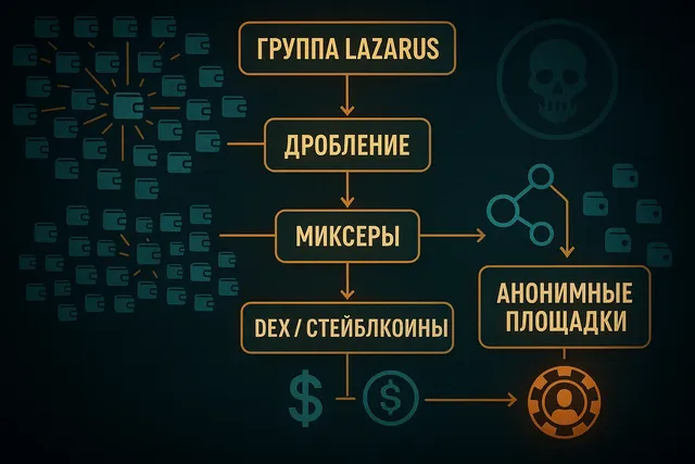 Схема отмывания криптовалюты Lazarus — дробление, миксеры, стейблкоины, анонимные площадки.