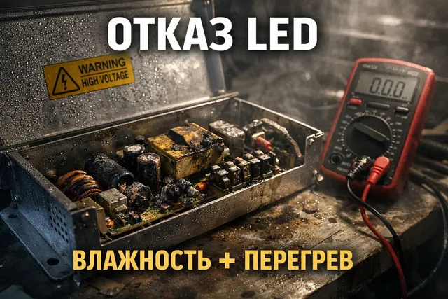 Сгоревший драйвер LED-светильника в гроубоксе, следы конденсата и коррозии на плате