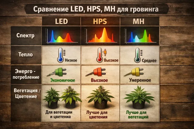 Сравнение LED, HPS и MH для веги и цвета