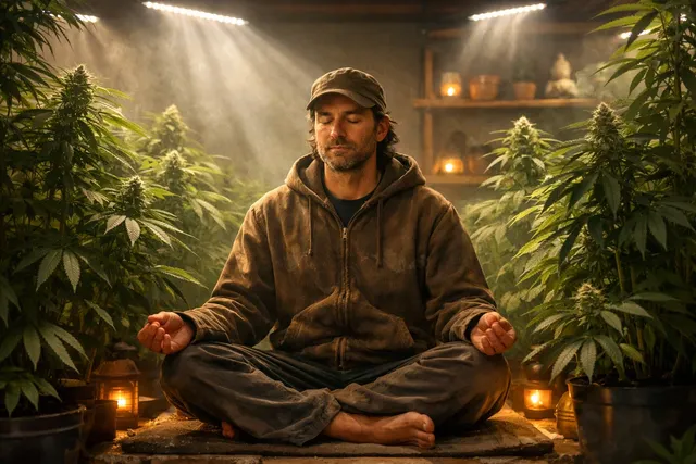 Гровер в позе лотоса в оранжерее с растениями каннабиса