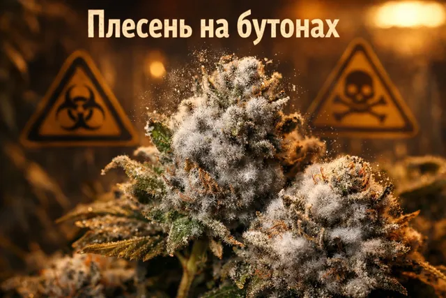 Плесень на бутонах каннабиса под микроскопом