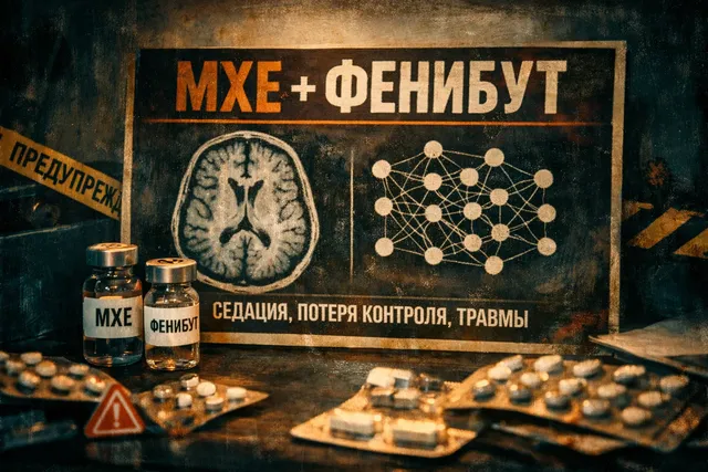 Предупреждение о рисках сочетания MXE и фенибута на фоне аптечных упаковок и нейронной схемы