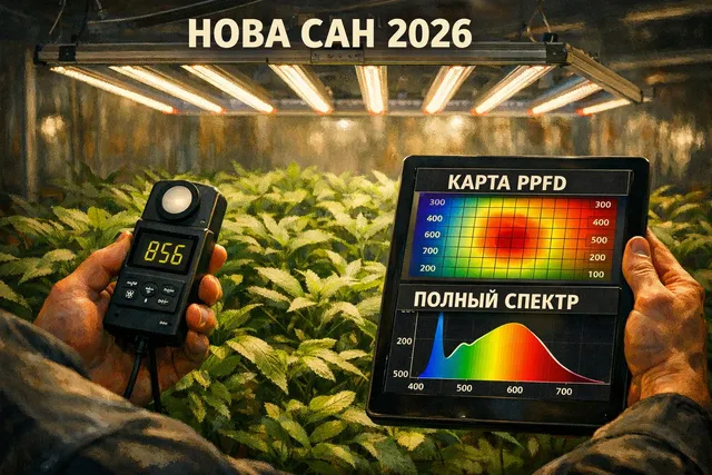 LED-светильник Nova Sun 2026 в гроуруме - панель каналов спектра и карта PPFD на планшете