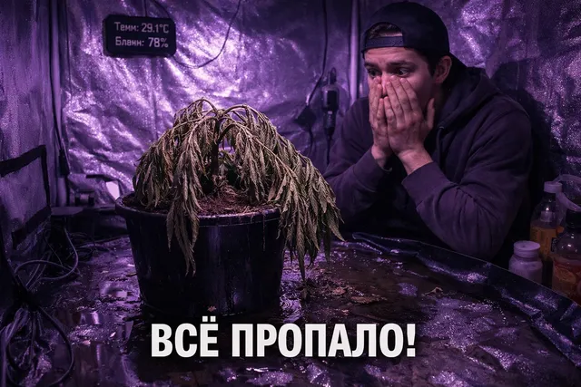 Новичок в гроуруме смотрит на увядшее растение конопли с досадой