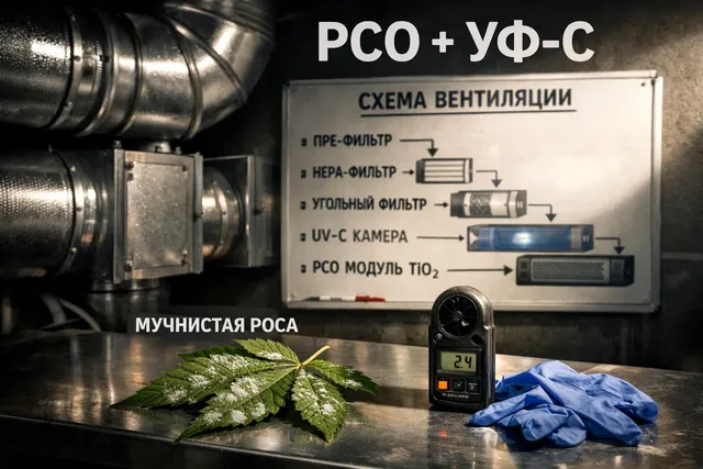Вентиляционная схема гроурума: фильтр, уголь, PCO-модуль и УФ-С в воздуховоде, рядом лист каннабиса с признаками мучнистой росы