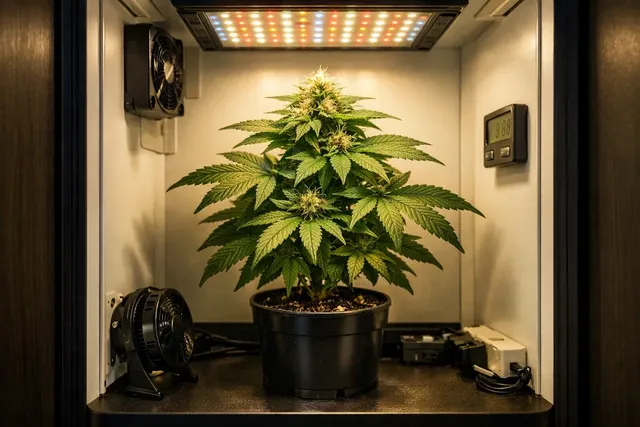 Один куст каннабиса в компактном гроубоксе для микродозинга