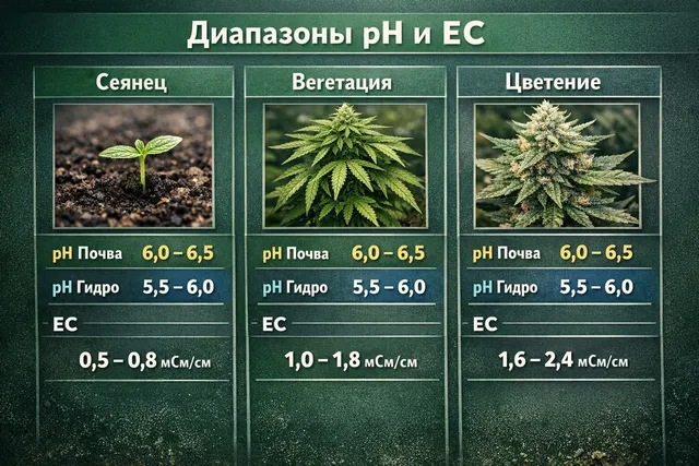 Диапазоны pH и EC по стадиям роста каннабиса