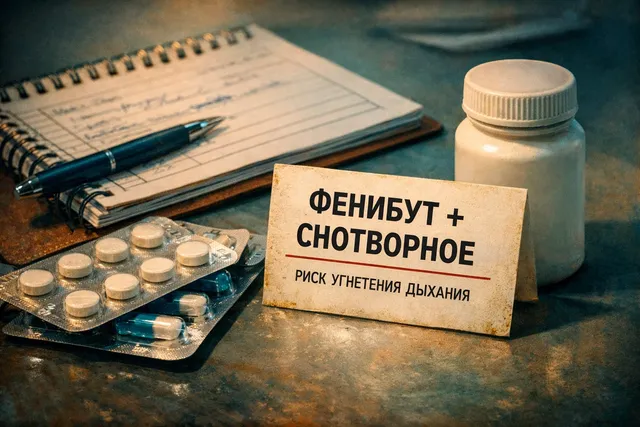 Таблетки и блистер рядом с запиской о рисках сочетания фенибута и снотворных на медицинском столе