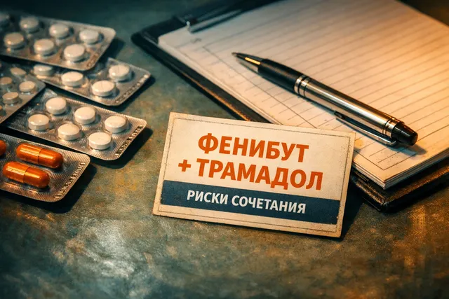 Таблетки и медицинские записи на столе, предупреждение о рисках сочетания фенибута и трамадола