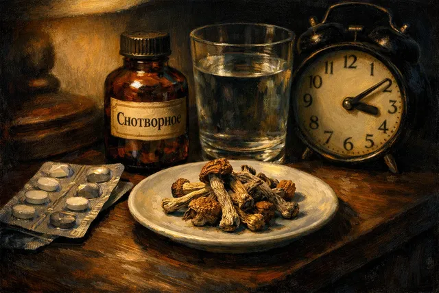 Псилоцибиновые грибы и снотворные таблетки на прикроватной тумбочке