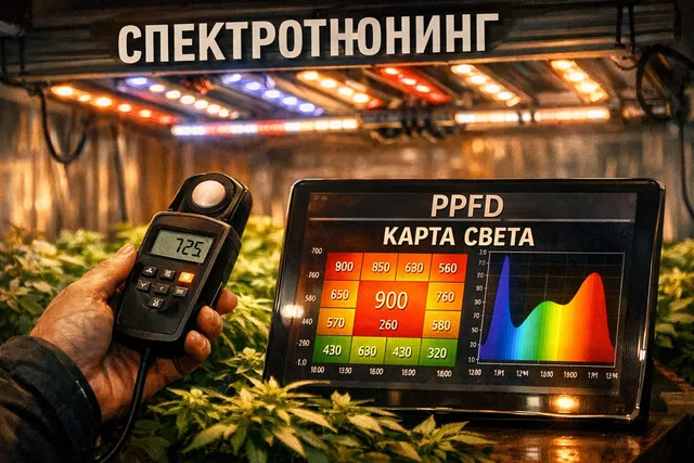 Спектротюнинг LED в гроуруме - контроллер спектра, PAR-метр и карта PPFD над зелёной кроной