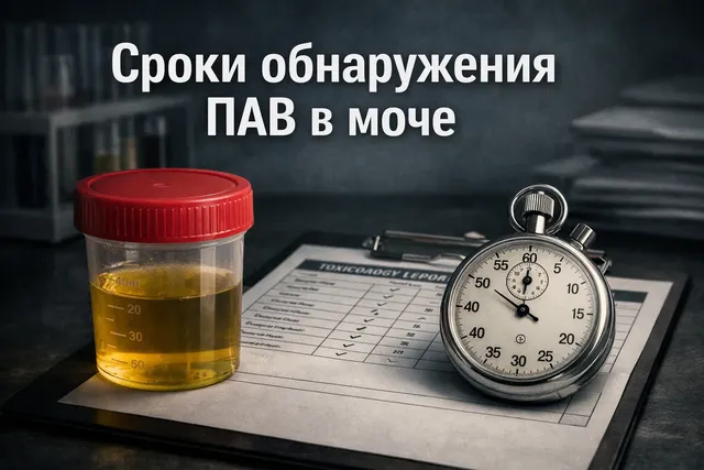 Банка для анализа мочи, лабораторный бланк и таймер на темном медицинском фоне