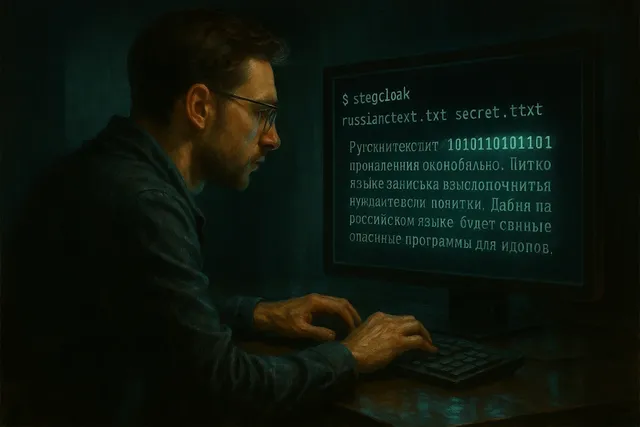 Экран хакера с невидимыми символами и строкой кода StegCloak в терминале