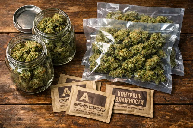 Банки, пакеты и влажностные вкладки для хранения каннабиса